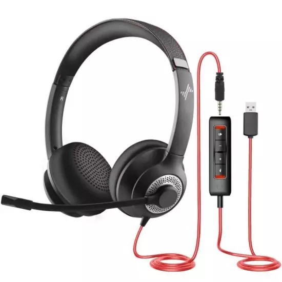 USB Wired Headset w/Mic for PC/Laptop, Noise Cancelling - Type-C Over-Ear 3.5mm