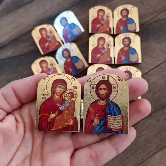 Virgin Mary and Jesus Christ bedside table miniature small wooden diptych icon