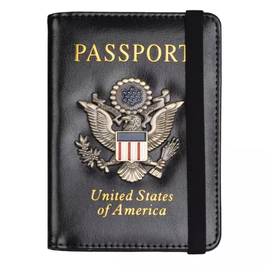 RFID Blocking Leather Passport Holder with 3D Metal Badge, Travel Document Passp