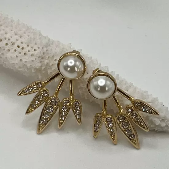 Gold Pearl Clear Swarovski Crystal Art Deco Style Drop Earrings