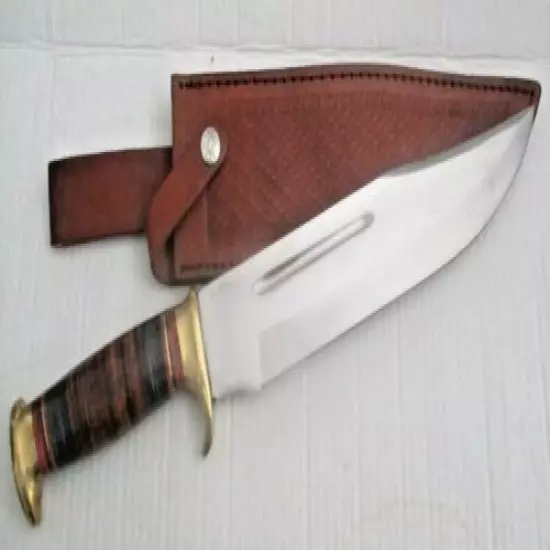 17" BIG BAD BOWIE,LEATHER WRAPPED + WOOD BRASS GUARD + POMMEL LEATHER SHEATH..