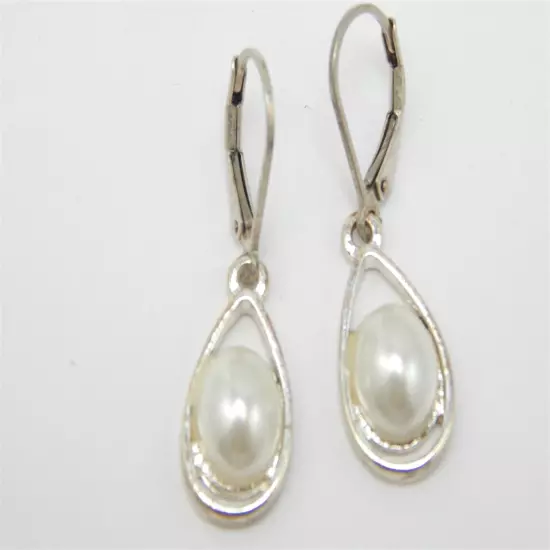 WHITE PEARL SILVER LEVERBACK DANGLE EARRINGS LIGHTWEIGHT