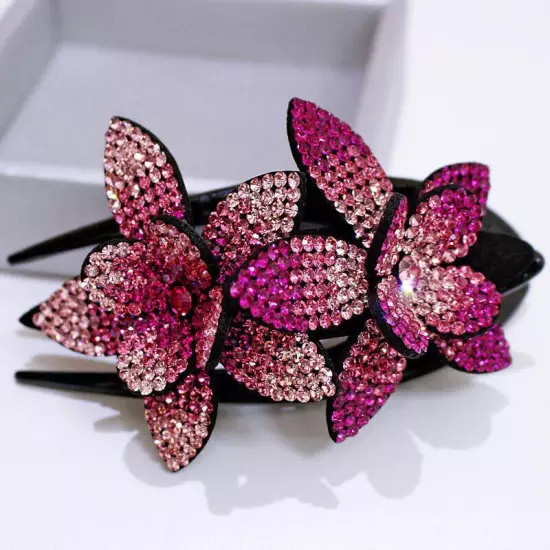 Ladies Rhinestone Double Flower Hair Clip Barrettes Crystal Comb Large Catch 1x-