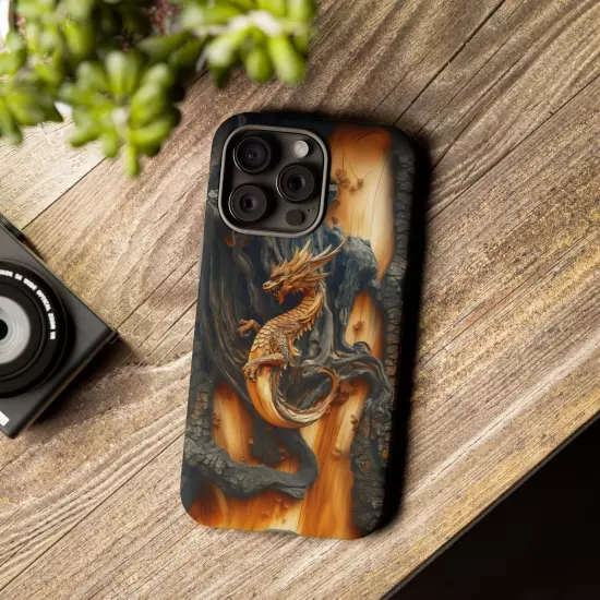 For iPhone, Samsung Galaxy, Pixel - Phone Case Cover - Carved Wood Dragon Print