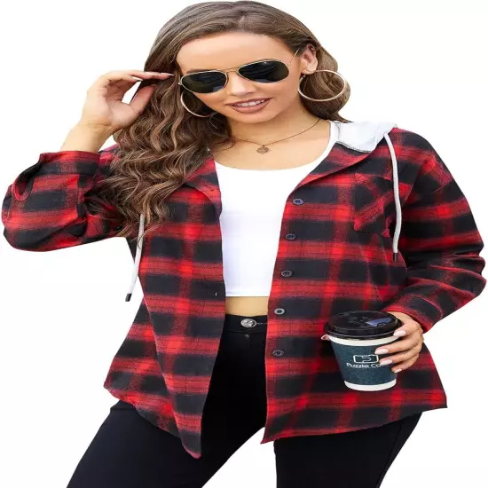 HOTOUCH Hooded Flannel Shirt Women Plaid Jacket Shacket Long Sleeve Button... 