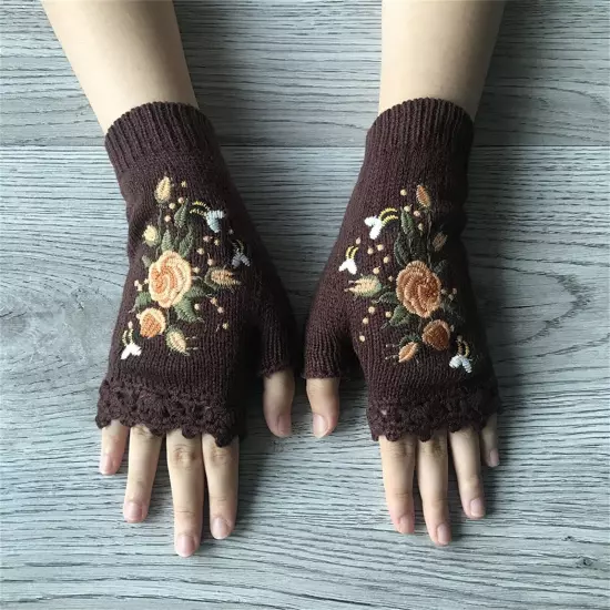 Women Handmade Embroidery Gloves Knit Gloves Flower Gloves Hand Knit Fingerless