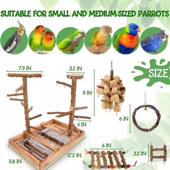 Natural Wood Bird Perch Stand Removable Tray 2 Stainless Steel Cups Playground