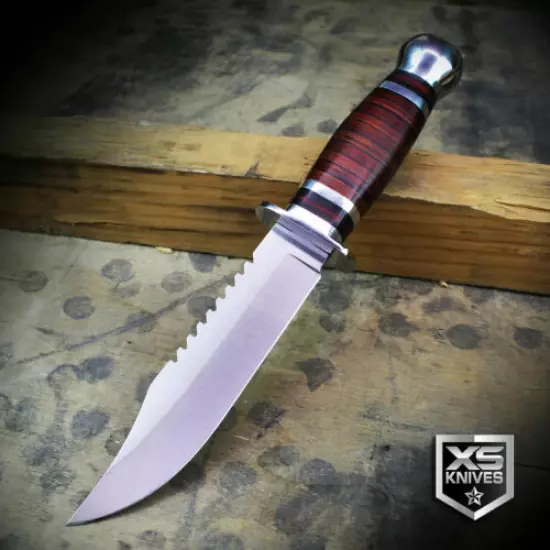 Combat SURVIVAL Hunting Tactical BOWIE Brown Wood Fixed Blade FULL TANG Knife