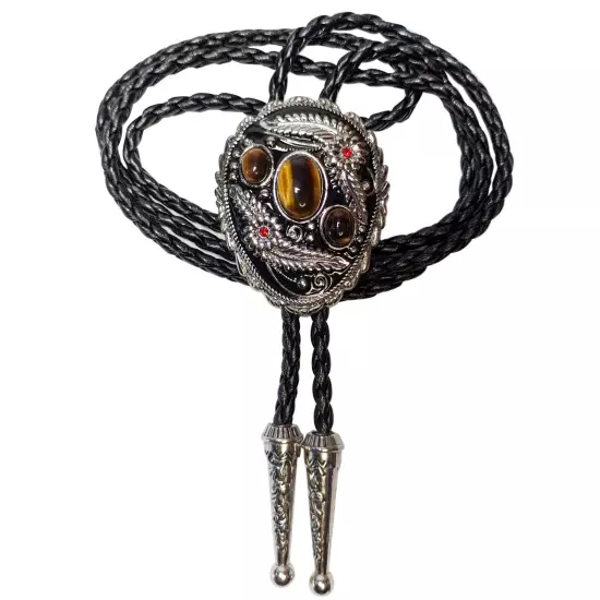 Flower Grass & Tiger-eye Stone BOLO Tie Necklace Wedding Western Native American