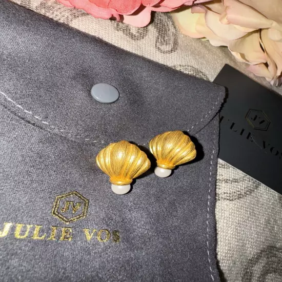 NEW Julie Vos Pearl & 24k Gold Plated Shell Crest Stud Earrings RETIRED NWOT