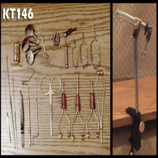 21 Peice Fly Tying Tool Kit w/Chrome Rotating Vise - Ceramic Bobbins - KT146