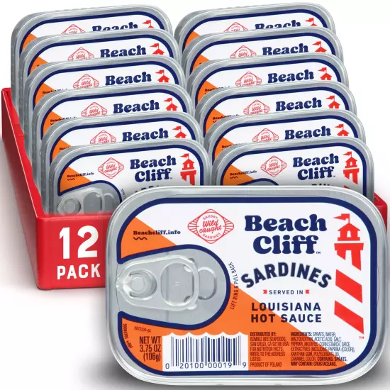 Beach Cliff Wild Caught Sardines in Louisiana Hot Sauce, 3.75 Oz Can (Pack of 12