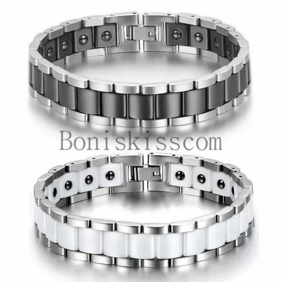 13mm Wide Men's Ceramic Link Stainless Steel Power Therapy Magnetic Bracelet