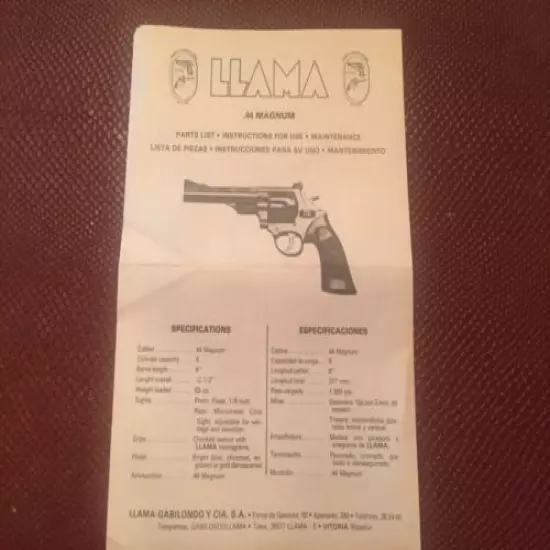 Llama .44 Magnum 6" Barrel Revolver Parts List, Instructions, Maintenance 