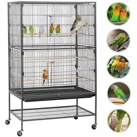 Metal 52" Large Rolling Bird Cage with 3 Perches and 4 Feeders, Black