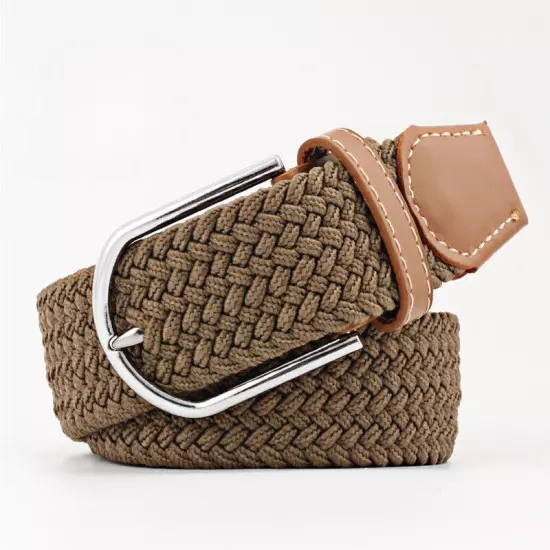 Mens Ladies Belts Canvas Webbing Braided Leather U Buckle Elastic Woven Stretch