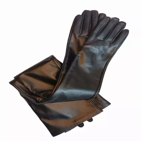 Women super Long Real Sheep Leather Shoulder length Gloves Black