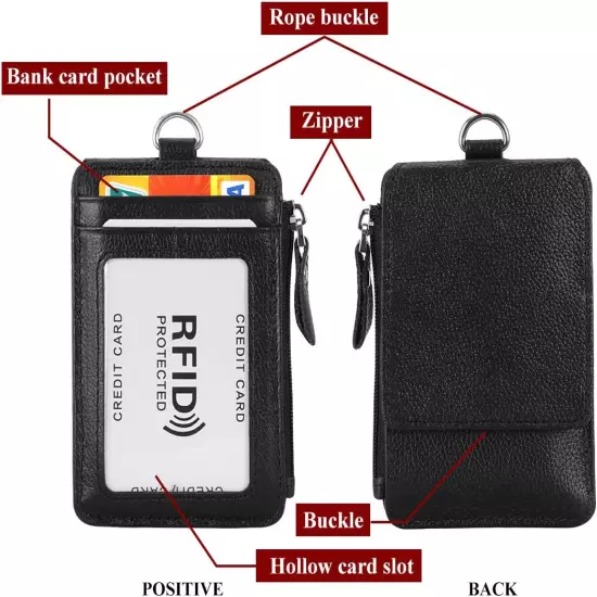 HAWEE Badge Holder with Zipper Genuine Leather RFID Keychain Wallet Neck Lanyard