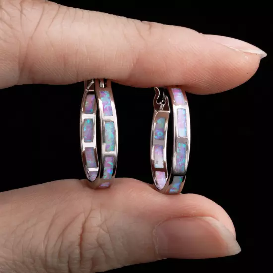 Light Pink Fire Opal Silver Jewelry Women Snap Closure Hoop Earrings