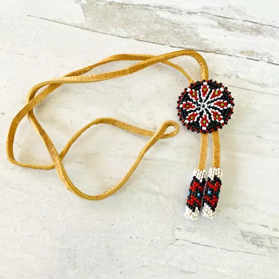 Vintage Deerskin Bolo Tie Southwestern Necklace Black Red White Peyote Stitch