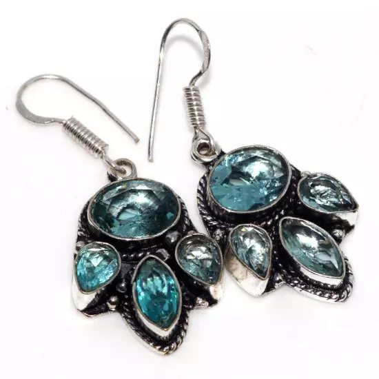 925 Silver Plated-Blue Topaz Ethnic Earrings Gemstone Handmade Jewelry 1.7" GW