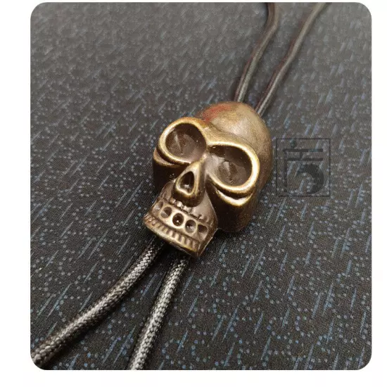 Mens BOLOTie Vintage Bronze Skull Necklace Wedding Alloy Wax Rope Western Cowboy