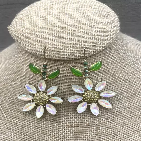 Betsey Johnson Daisy Flower with Green Leaves & Clear Crystal Earrings