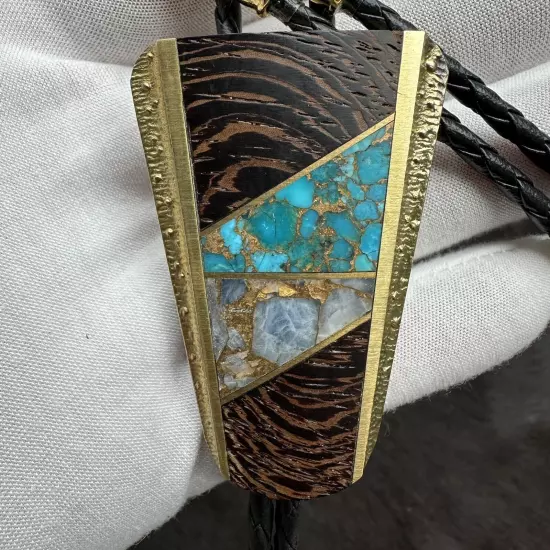 Incredible Vintage Sky West SST Brass Turquoise Gold Wood Inlay Bolo Tie ￼