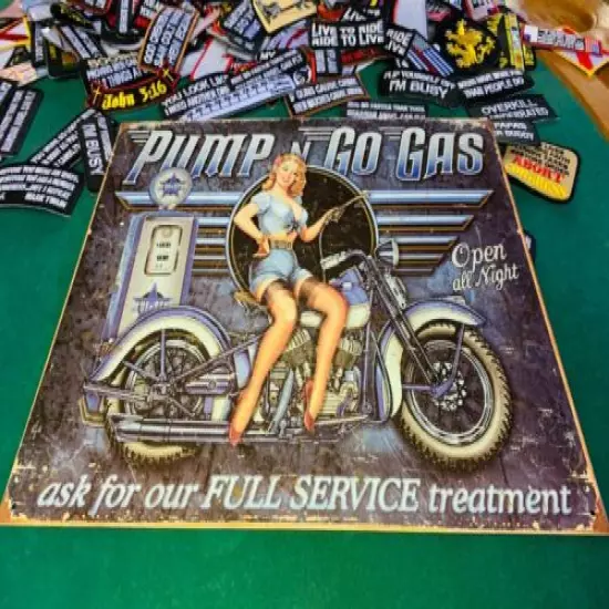 PUMP N GO GAS FULL SERVICE Tin Metal Sign Wall w/ FREE PATCH decor vintage cave