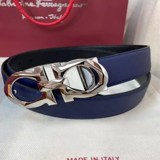 SALVATORE FERRAGAMO Reversible Men's Belt Silver Buckle Black/Blue 35"