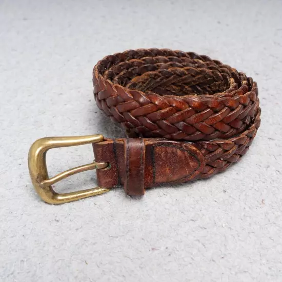 Dockers Brown Leather Belt Mens Sz 38 Woven Braided Brass Buckle Casual Golf