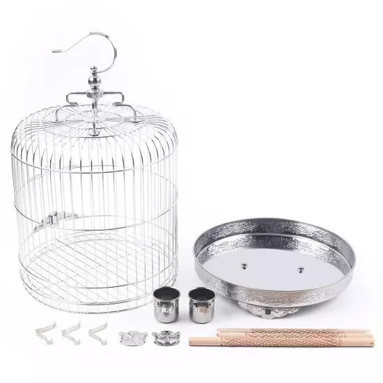 Stainless Steel Bird Round Cage Parrot Travel Carrier Perch With Cup