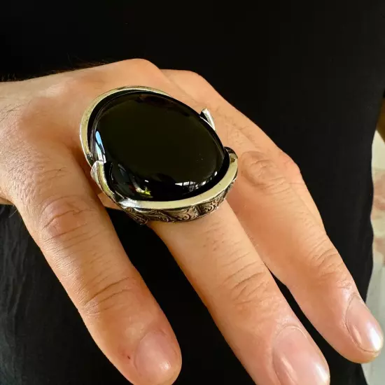 925 Sterling Silver Onyx Stone Engraved Design Turkish Handmade Huge Men's Ring