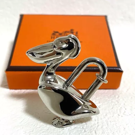 HERMES Pelican Motif 1992 Limited Cadena Padlock Silver Bag Charm w/ box