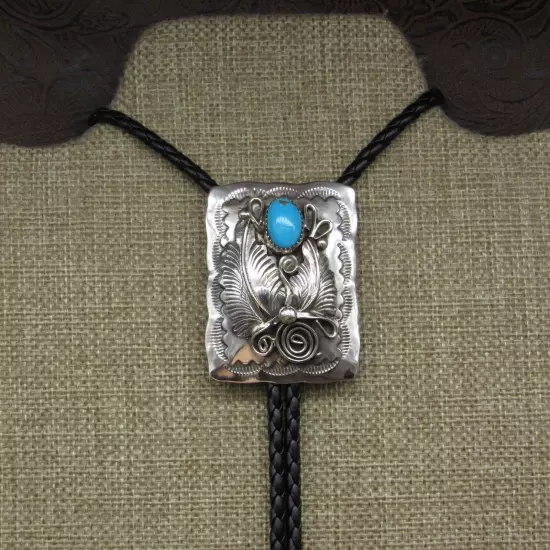 Navajo Sterling Silver Turquoise & Floral Design Work Bolo Tie By Mike Thomas Jr