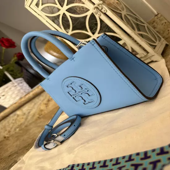 AUTH NWT $248 Tory Burch Ella Logo Bio Mini Tote Crossbody Bag In Blue Azure