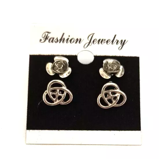 New Fashion Jewelry Women's 2 Pair Stud Earrings Silvertone Roses & Celtic Knots