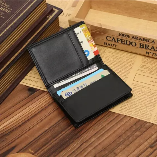 Black Leather Men's Small RFID Slim Bifold Wallet Credit Card ID Holder Wallet