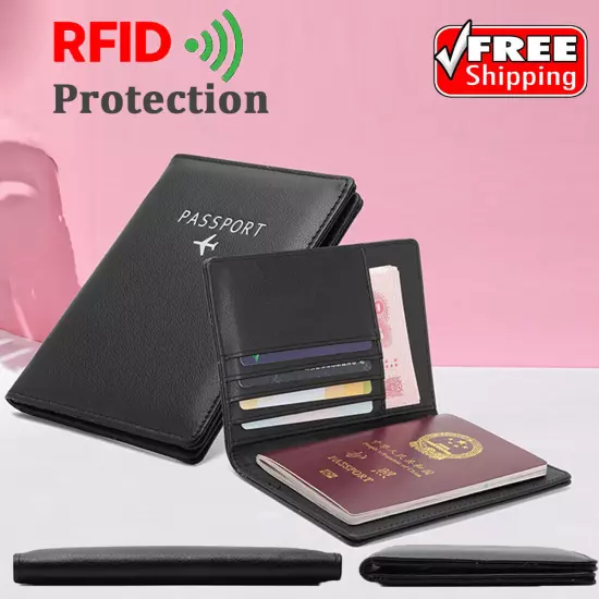 Leather Passport Holder Wallet Slim RFID Blocking ID Card Case Cover Black