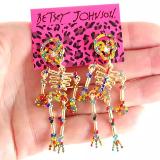 NEW BETSEY JOHNSON MULTICOLOR RHINESTONE SKELETON HALLOWEEN DROP DANGLE EARRINGS