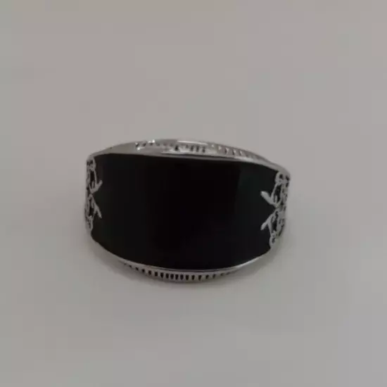 Men's Large Rectangular Ring with Black Stone Size 11