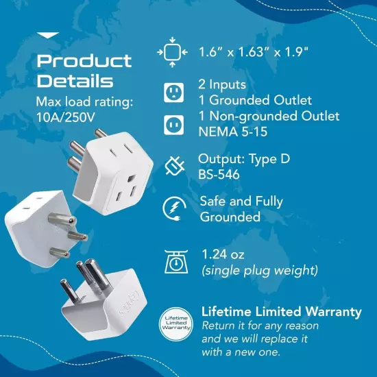 Ceptics US to India, Maldives, Pakistan Plug Adapter Dual USA Input 3 Pack CT-10