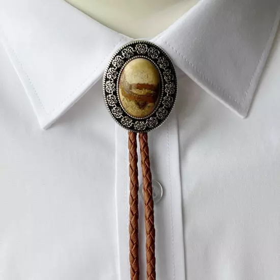 Western Cowboy Bolo Tie Brown Stone Cord Necktie Alloy Necklace Wedding Grooms