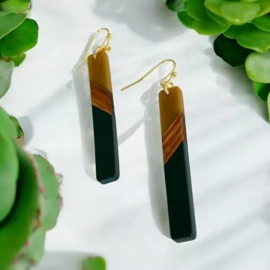 Bohemian Olive Green Resin & Wood Bar Earrings NEW