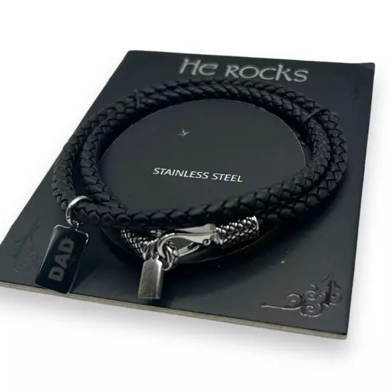 NWT He Rocks Men's Stainless Steel Dad Leather Wrap Bracelet in Black NEW