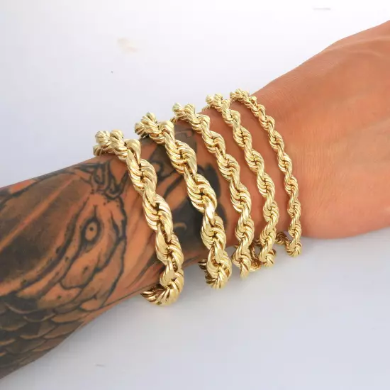 10K Yellow Gold Rope Diamond Cut Mens Chain Bracelet 8" -9" 6mm 7mm 8mm 9mm 10mm