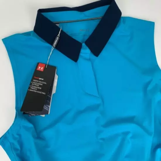 Under Armour Womens Iso-Chill Mesh S/L Polo Sleeveless Blue Medium Collar Shirt 