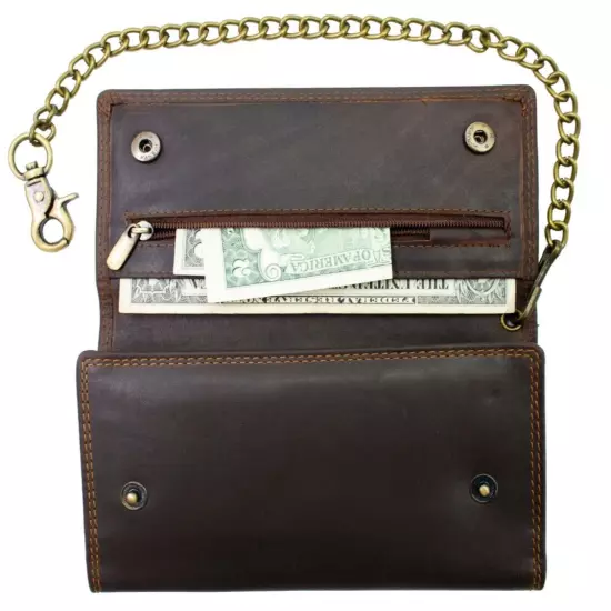 RFID Blocking Mens Biker Vintage Genuine Leather Long Trifold Chain Biker Wallet