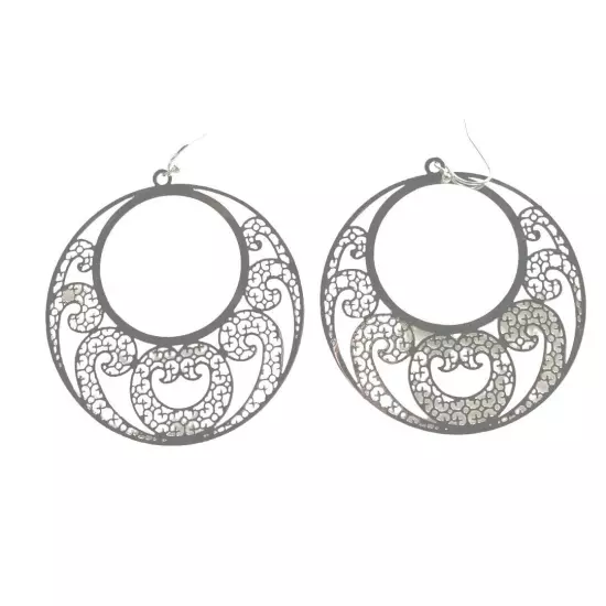 Round Hollow Open Filigree Silver Dangle Hoop Earrings 