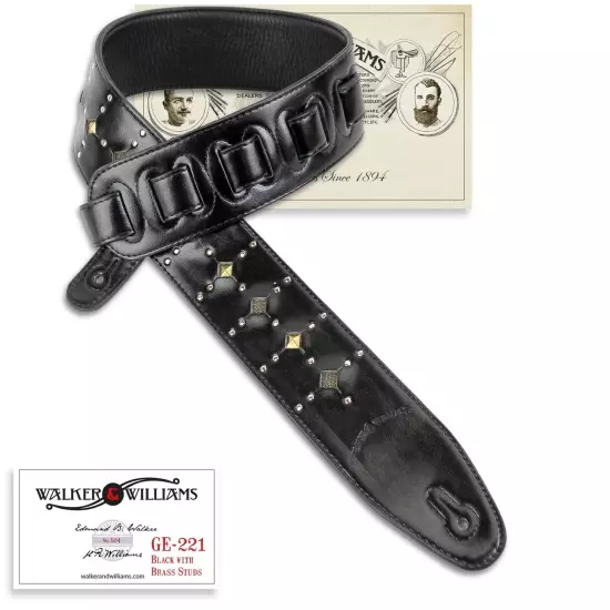 Walker & Williams GE-221 Black Leather Guitar Strap Inset Studs & Silver Rivets